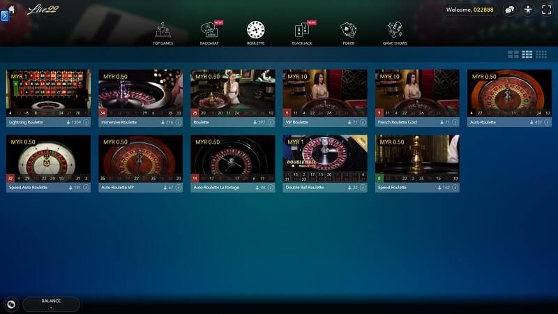 live22 live casino dashboard
